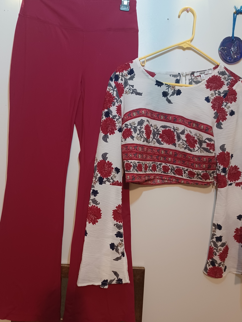 Papaya Floral Crop Top and Burgundy Boot-Cut Pants Set
